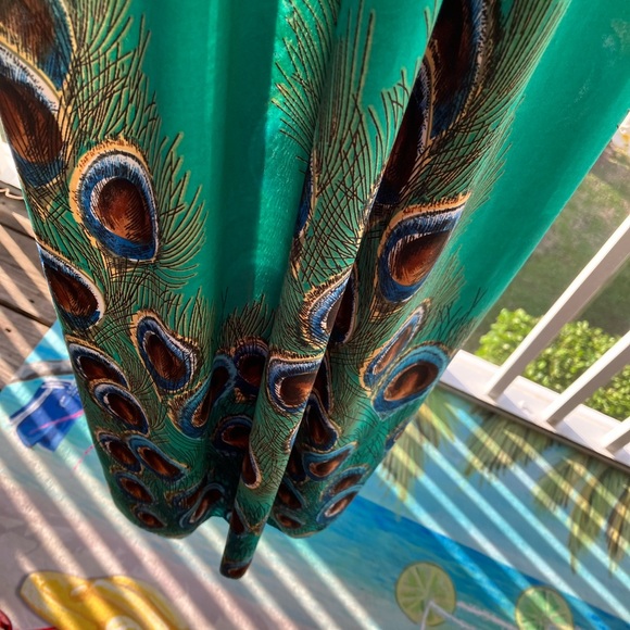 Green Multicolored V Neck Sleeveless Peacock Print Maxi Dress Sz M - Picture 4 of 14